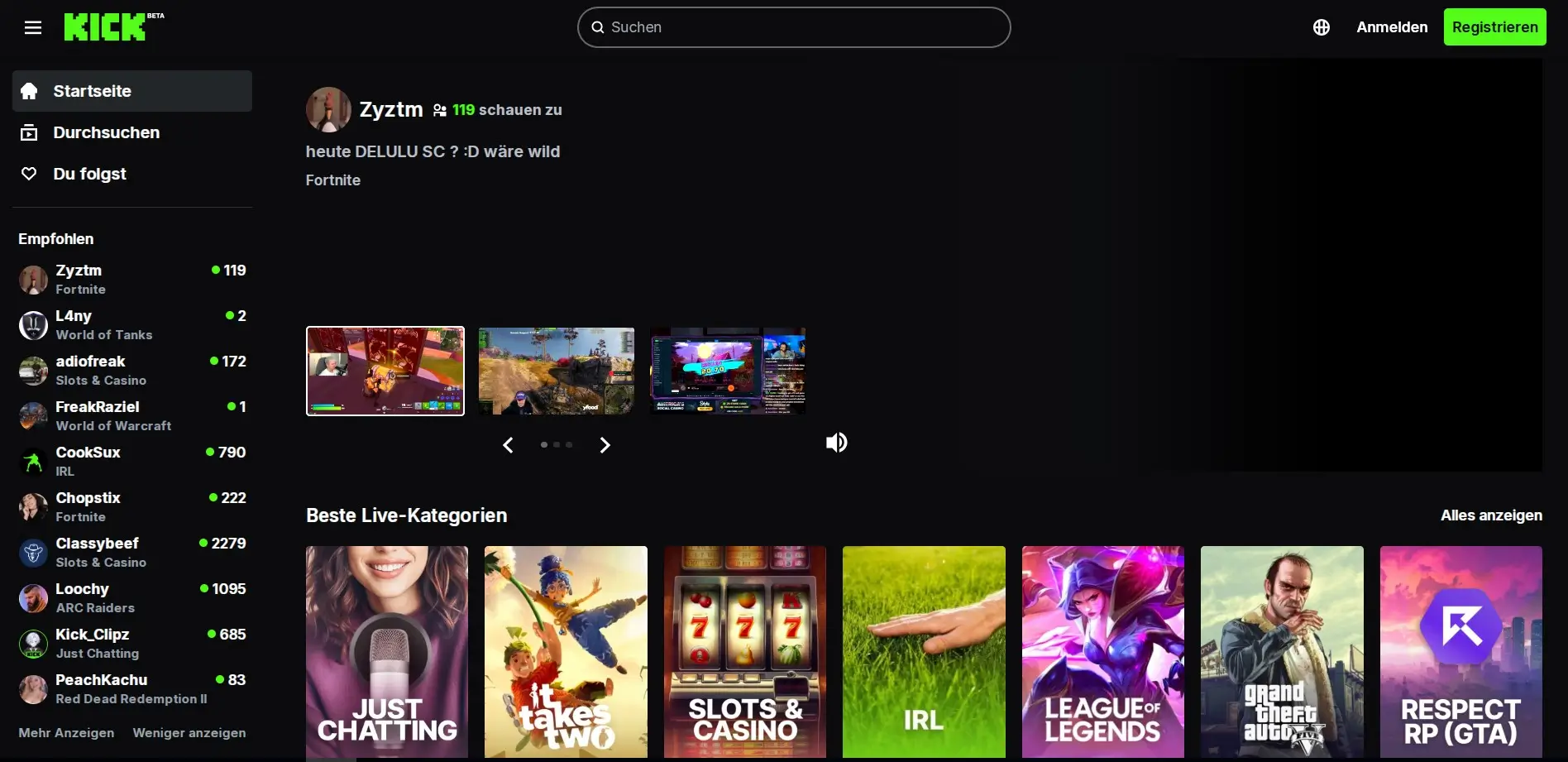 Kick Startseite Screenshot